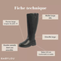 Bottes cavalières mollets larges 3XL Lise - Gabylou : botte noire à coupe large, chevilles larges, talon de 2,5 cm et double semelle intérieure amovible, avec étiquettes indiquant l'ajustement. Mode Grande taille