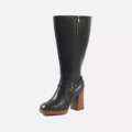 Bottes à talons mollets larges 3/4XL Manon-Gabylou : bottes noires en cuir hauteur genou, fermeture éclair latérale, bride cheville avec boucle et talon large en bois. Mode Grande taille