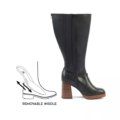 Bottes à talons mollets larges 3/4XL Manon-Gabylou : bottes noires hauteur genou, talon chunky, avec schéma de la semelle intérieure amovible. Mode Grande taille