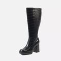 Bottes mollets larges 2XL Mélissa - Gabylou : bottes noires effet crocodile, hauteur genou, talon bloc épais, présentées sur fond blanc. Mode Grande taille
