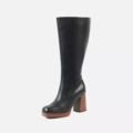 Bottes mollets larges 2XL Mélissa - Gabylou : botte noire en cuir montant au genou, talon épais marron, présentée sur fond blanc. Mode Grande taille