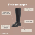 Bottes cavalières noires Isabelle XL 6 Gabylou, mollets et chevilles larges, talon 3 cm, double semelle amovible ; caractéristiques indiquées en français. Mode Grande taille