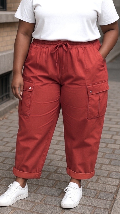 Une personne portant le Pantalon cargo en coton super stretch, un t-shirt blanc et des baskets blanches se tient dans une rue pavée. Mode Grande taille