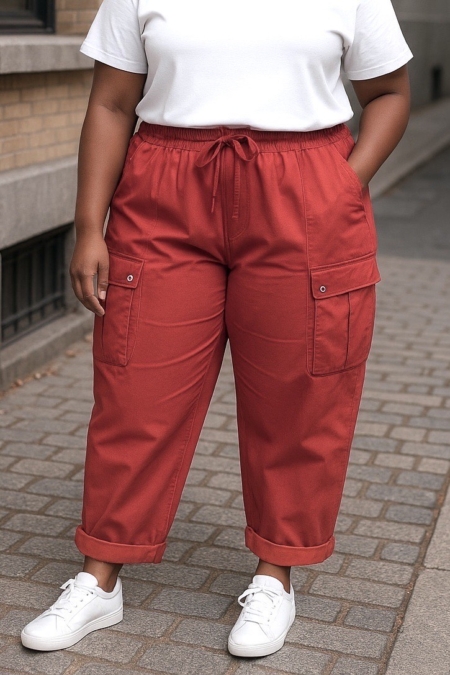 Une personne portant le Pantalon cargo en coton super stretch, un t-shirt blanc et des baskets blanches se tient dans une rue pavée. Mode Grande taille