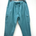 Pantalon cargo en coton super stretch, coloris teal, avec cordon de serrage et bas retroussés, suspendu sur un cintre sur fond blanc. Mode Grande taille