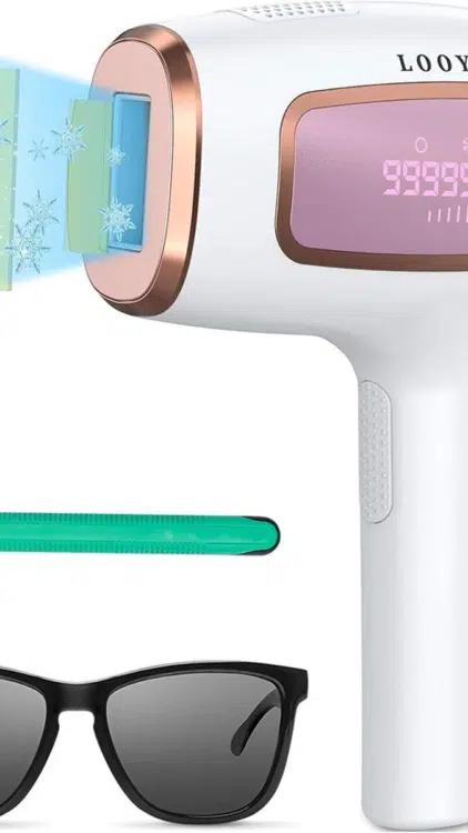 L'Épilateur Looya IPL Lumière Pulsée Femme présente un design blanc et rose, un affichage LED, 5 niveaux de pulsation, et est livré avec des lunettes de soleil et un rasoir vert. Mode Grande taille