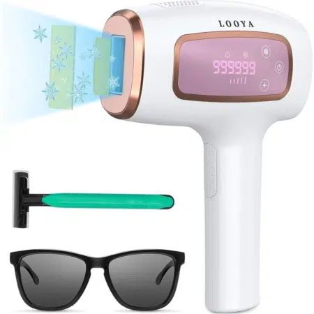 L'Épilateur Looya IPL Lumière Pulsée Femme présente un design blanc et rose, un affichage LED, 5 niveaux de pulsation, et est livré avec des lunettes de soleil et un rasoir vert. Mode Grande taille