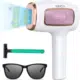 L'Épilateur Looya IPL Lumière Pulsée Femme présente un design blanc et rose, un affichage LED, 5 niveaux de pulsation, et est livré avec des lunettes de soleil et un rasoir vert. Mode Grande taille