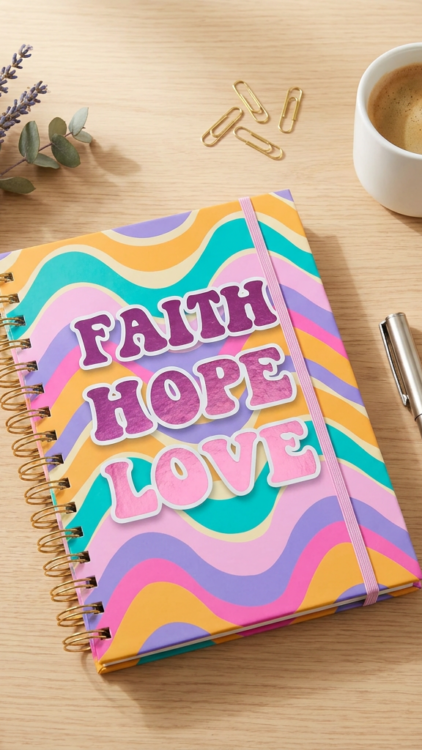 Carnet à spirale rétro multicolore Faith Hope Love avec stylo assorti