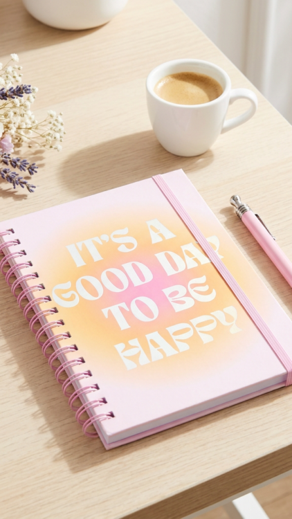 Carnet à spirale pastel It's a good day to be happy avec stylo assorti