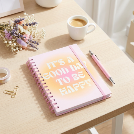Carnet à spirale pastel It's a good day to be happy avec stylo assorti
