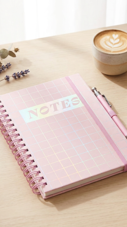 Carnet à spirale rose quadrillé Notes holographique avec stylo rose assorti