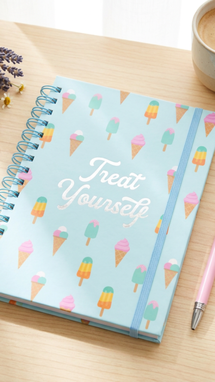 Carnet à spirale menthe motif glaces Treat Yourself avec stylo rose assorti
