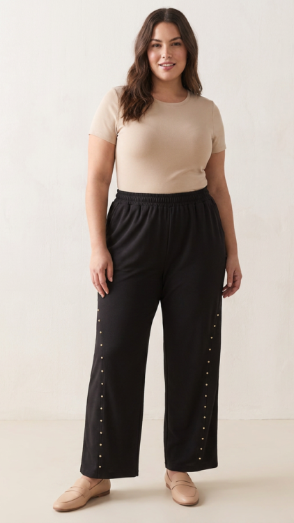 Pantalon large à clous dorés grande taille noir porté par une femme ronde