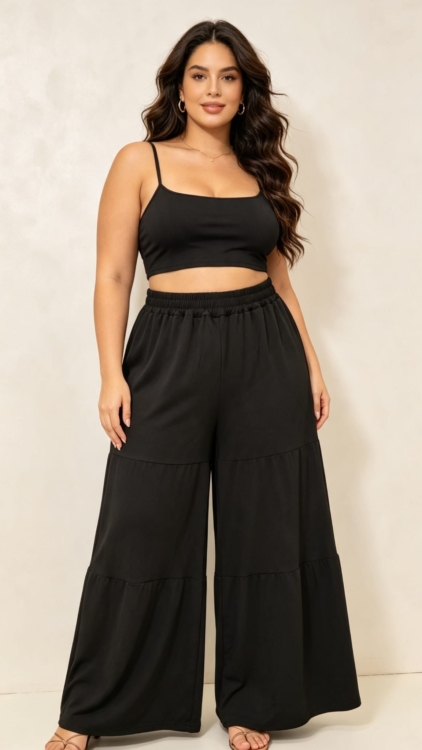 Pantalon large grande taille noir à volants étagés, taille élastiquée, porté par une femme ronde