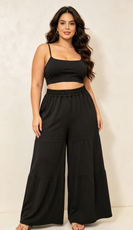 Pantalon large grande taille noir à volants étagés, taille élastiquée, porté par une femme ronde