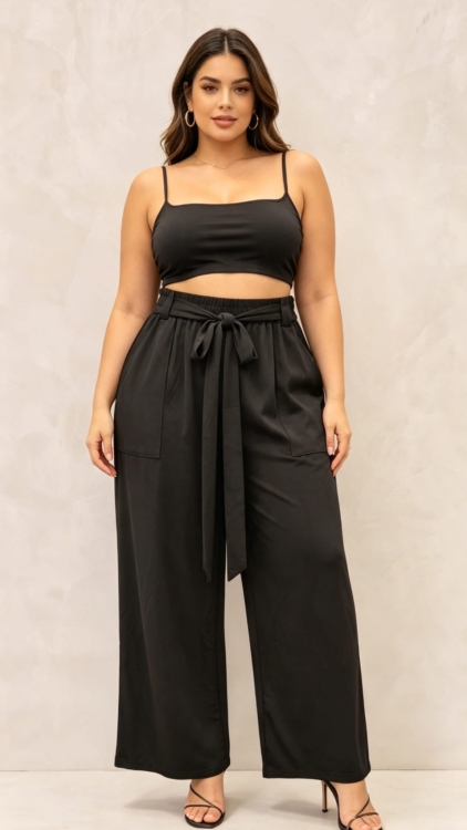 Pantalon taille haute grande taille noir fluide à ceinture nouée, porté par une femme ronde