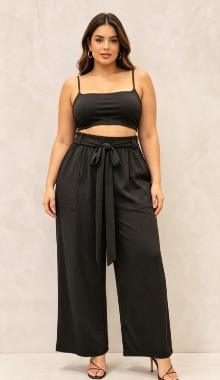 Pantalon taille haute grande taille noir fluide à ceinture nouée, porté par une femme ronde