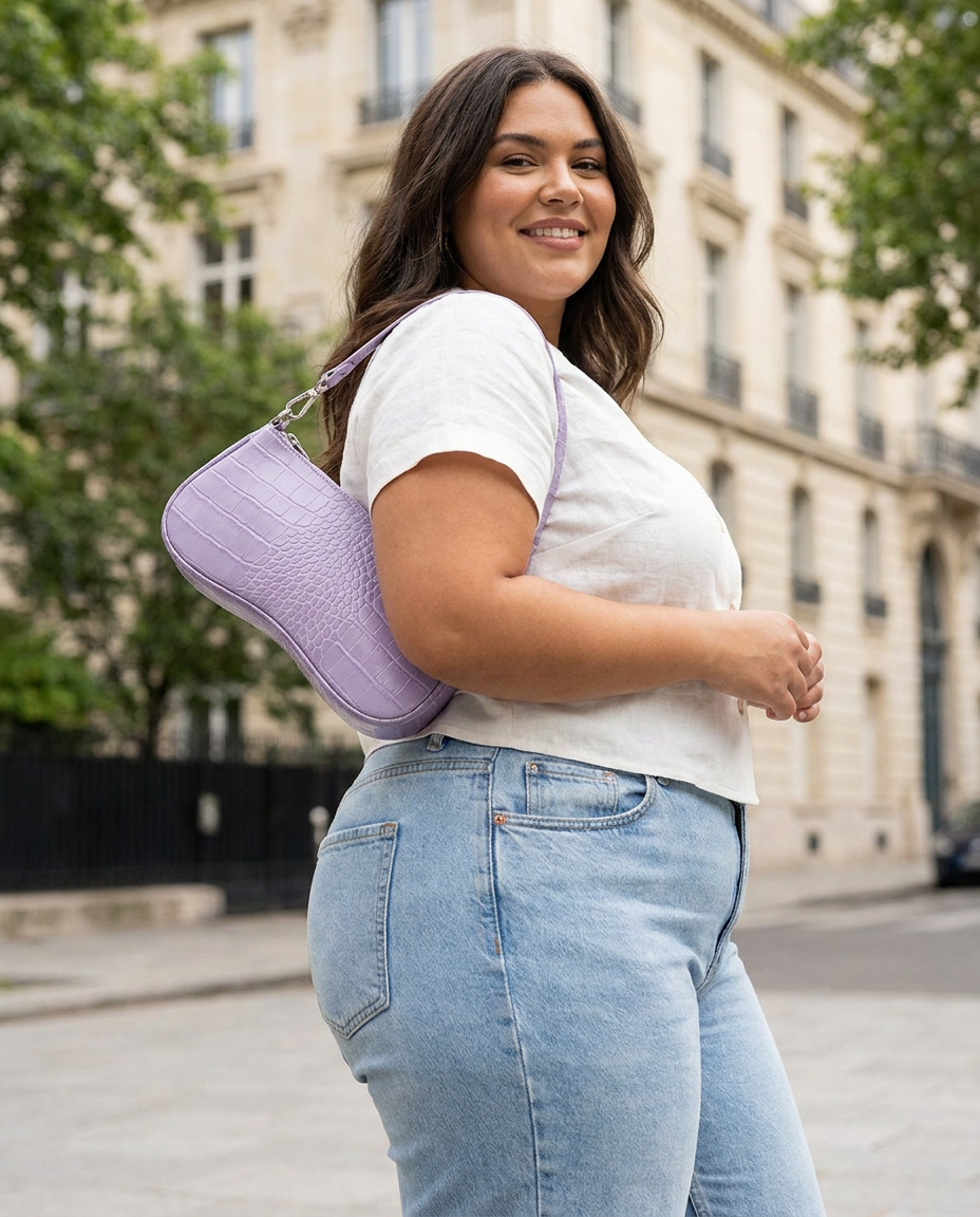 Sac à main JW PEI Eva violet porté à l’épaule par une femme grande taille en rue parisienne