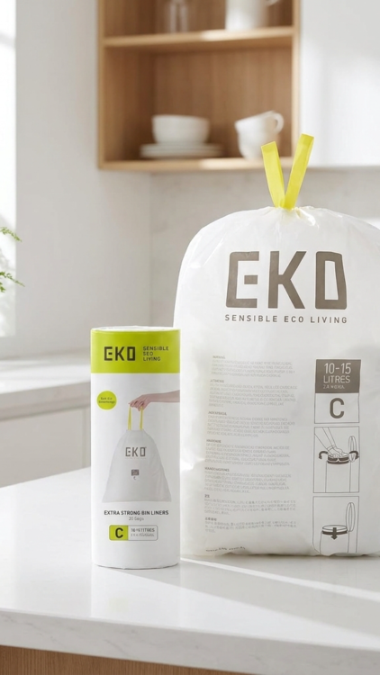 Lot de 20 sacs poubelle de cuisine EKO 10-15 L blancs avec cordon de serrage