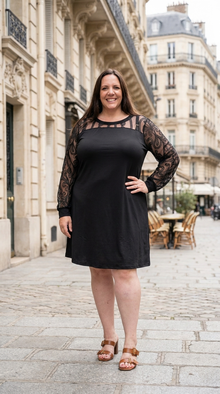 Tunique grande taille manches longues en dentelle noire ajourée portée en rue parisienne
