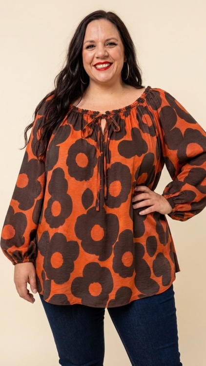 Blouse col bardot imprimé floral grande taille, coloris Brique