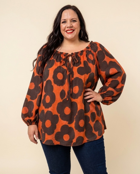 Blouse col bardot imprimé floral grande taille, coloris Brique