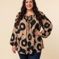 Blouse col bardot imprimé floral grande taille, coloris Camel