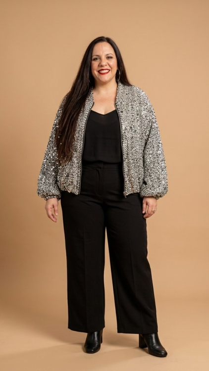 Bomber en tweed à sequins argentés grande taille