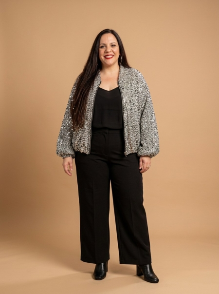Bomber en tweed à sequins argentés grande taille