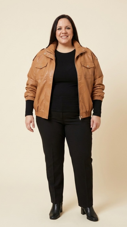Veste en simili cuir camel à col montant, grande taille, portée ouverte par une femme taille 54