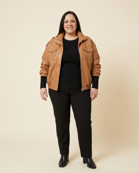 Veste en simili cuir camel à col montant, grande taille, portée ouverte par une femme taille 54