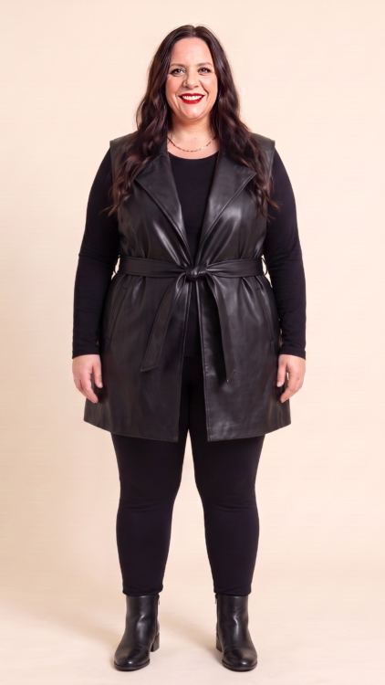Veste simili sans manches grande taille portée par une femme ronde