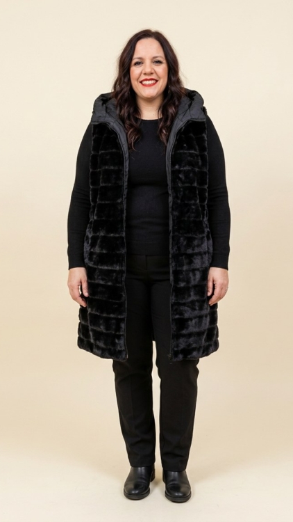 Veste réversible sans manches grande taille, côté doudoune et côté fausse fourrure