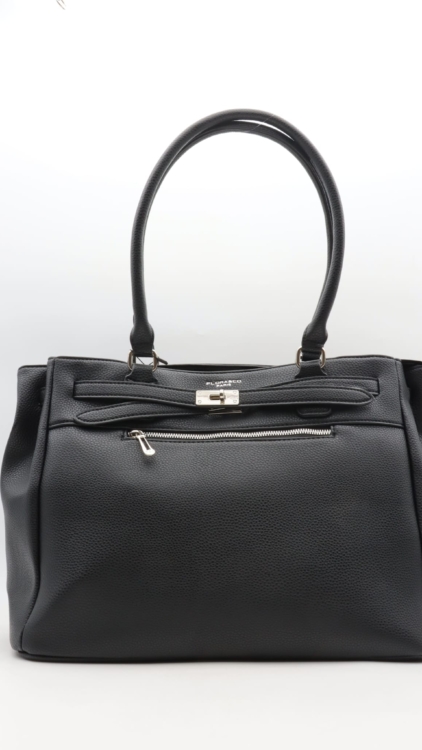 Grand sac cabas noir en simili grainé avec fermoir argenté et poche zippée