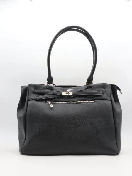 Grand sac cabas noir en simili grainé avec fermoir argenté et poche zippée