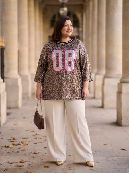 Haut grande taille a sequins imprime leopard avec numero 08, col cotele noir et blanc, porte par une mannequin ronde
