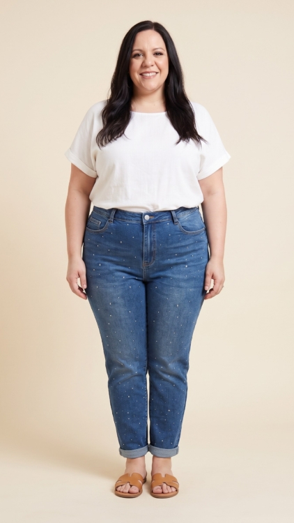 Jean strass grande taille bleu porté par une femme ronde taille 54, coupe mom taille haute, vue de face - Fashion Curvy Shop