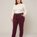 Pantalon suédine grande taille, coupe droite avec ceinture à nouer