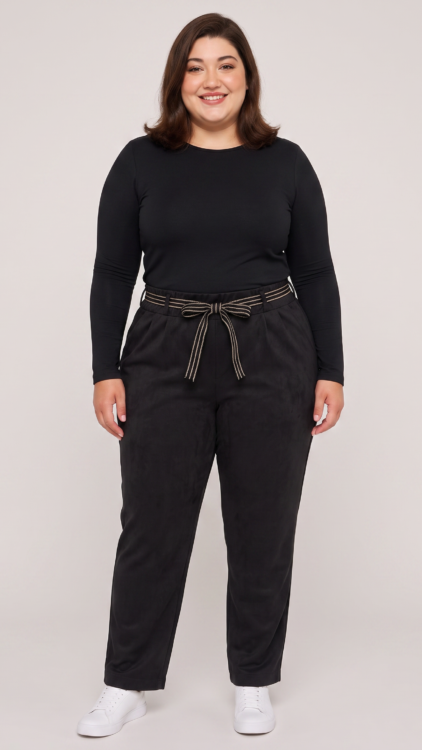 Pantalon suédine grande taille, coupe droite avec ceinture à nouer