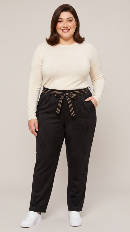 Pantalon suédine grande taille, coupe droite avec ceinture à nouer