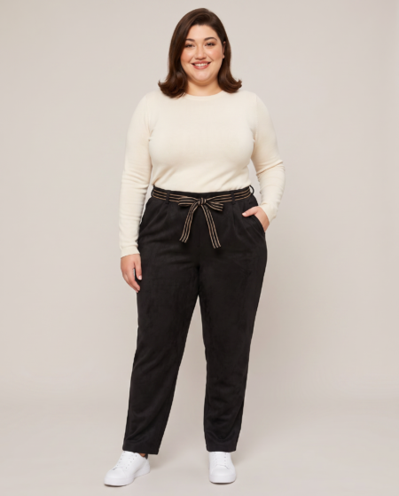 Pantalon suédine grande taille, coupe droite avec ceinture à nouer