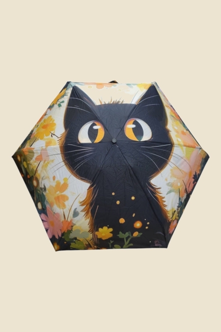 Parapluie pliant anti-UV motif chat noir et fleurs avec sa pochette assortie
