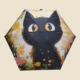 Parapluie pliant anti-UV motif chat noir et fleurs avec sa pochette assortie