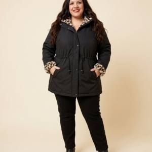 Parka noire à doublure intégrale en fausse fourrure léopard, grande taille