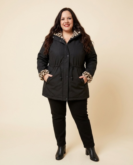 Parka noire à doublure intégrale en fausse fourrure léopard, grande taille