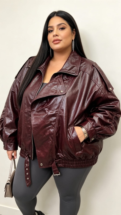 Perfecto simili cuir bordeaux grande taille à double col porté par une femme ronde