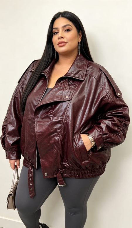 Perfecto simili cuir bordeaux grande taille à double col porté par une femme ronde