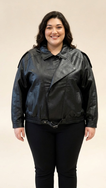 Perfecto simili grainé noir grande taille à col zippé porté par une femme ronde