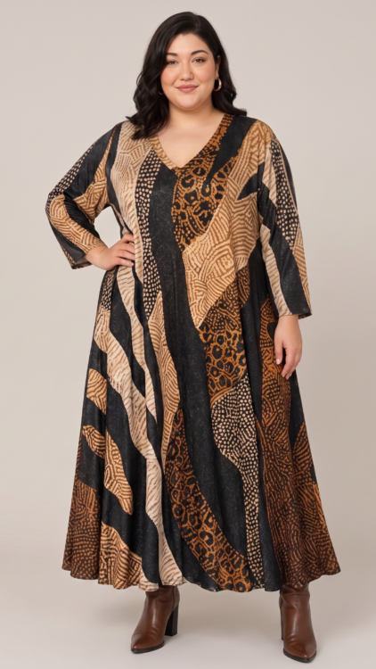 Robe longue grande taille imprimée lurex noir, beige et camel, col V et manches longues, portée par une mannequin ronde